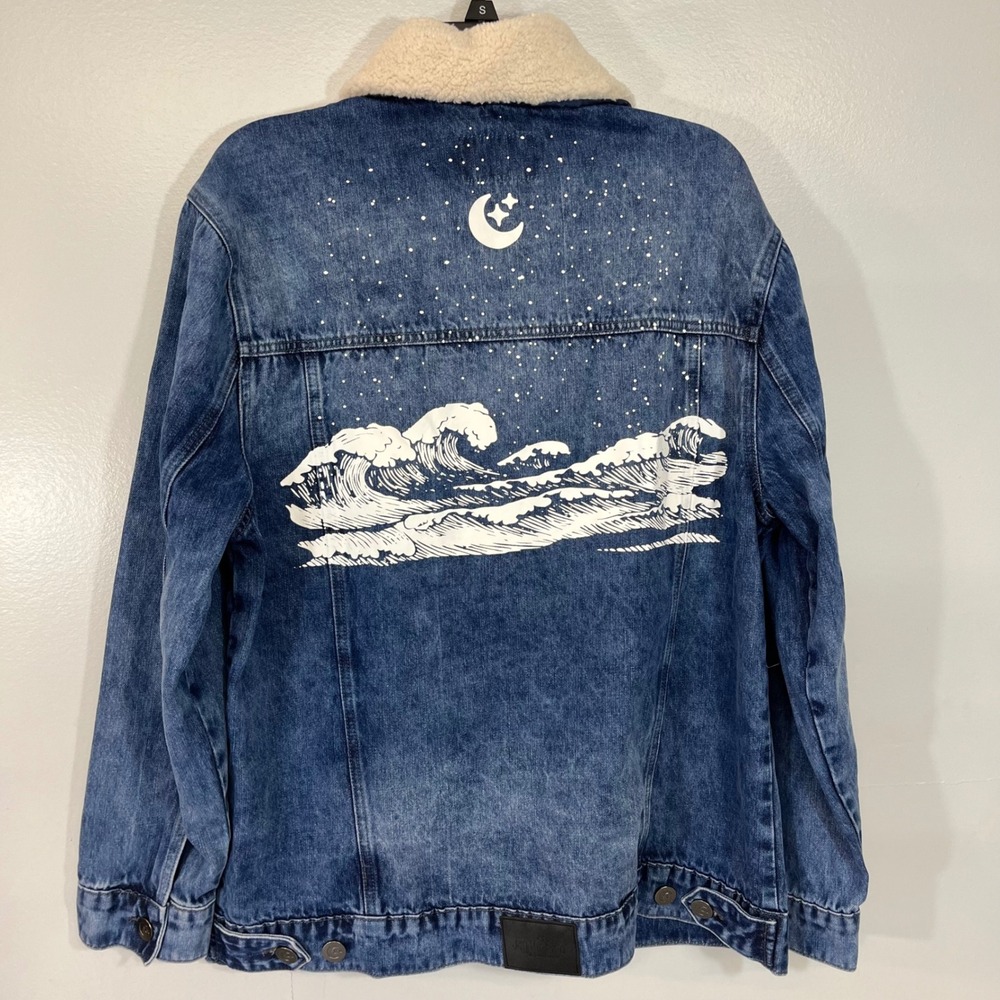 The Tubbo Moment Denim Jacket Sherpa Collar Wave Moon Graphic Blue Zip Large